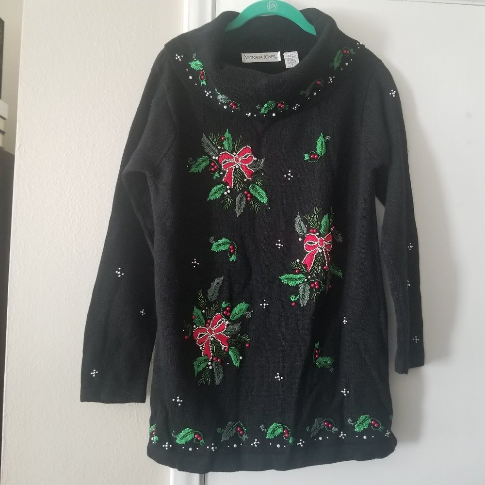 Victoria Jones S Black Christmas Sweater Bows Holly Beads Embroidery